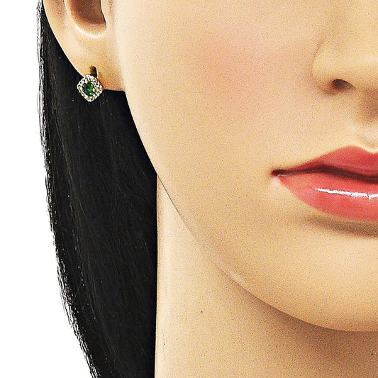 Oro Laminado Stud Earring, Gold Filled Style Cluster Design, with Green Cubic Zirconia and White Micro Pave, Polished, Golden Finish