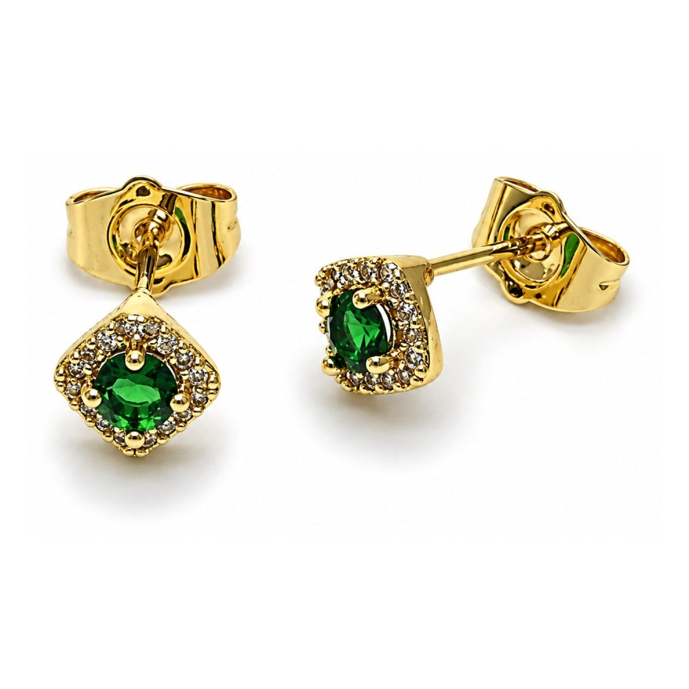 Oro Laminado Stud Earring, Gold Filled Style Cluster Design, with Green Cubic Zirconia and White Micro Pave, Polished, Golden Finish