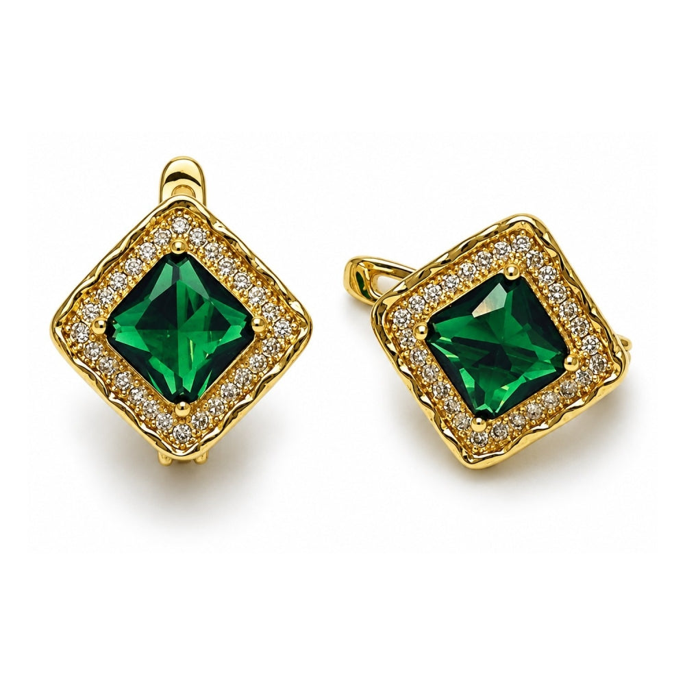 Oro Laminado Leverback Earring, Gold Filled Style Cluster Design, with Green Cubic Zirconia and White Micro Pave, Polished, Golden Finish
