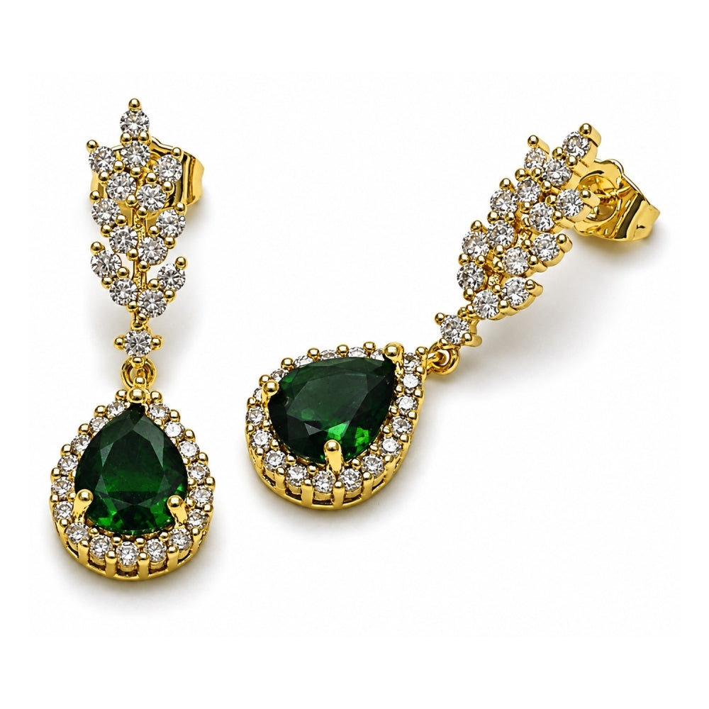Oro Laminado Dangle Earring, Gold Filled Style Teardrop and Leaf Design, with Green and White Cubic Zirconia, Polished, Golden Finish