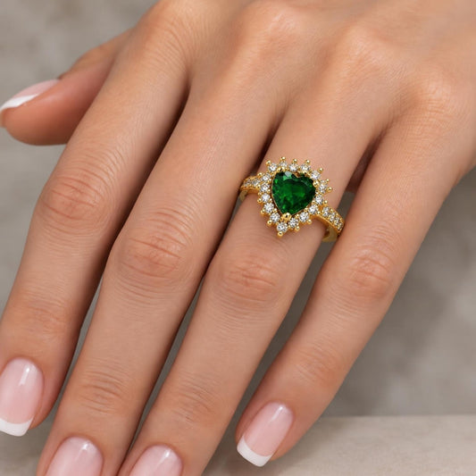 Oro Laminado Multi Stone Ring, Gold Filled Style Heart and Cluster Design, with Green and White Cubic Zirconia, Polished, Golden Finish