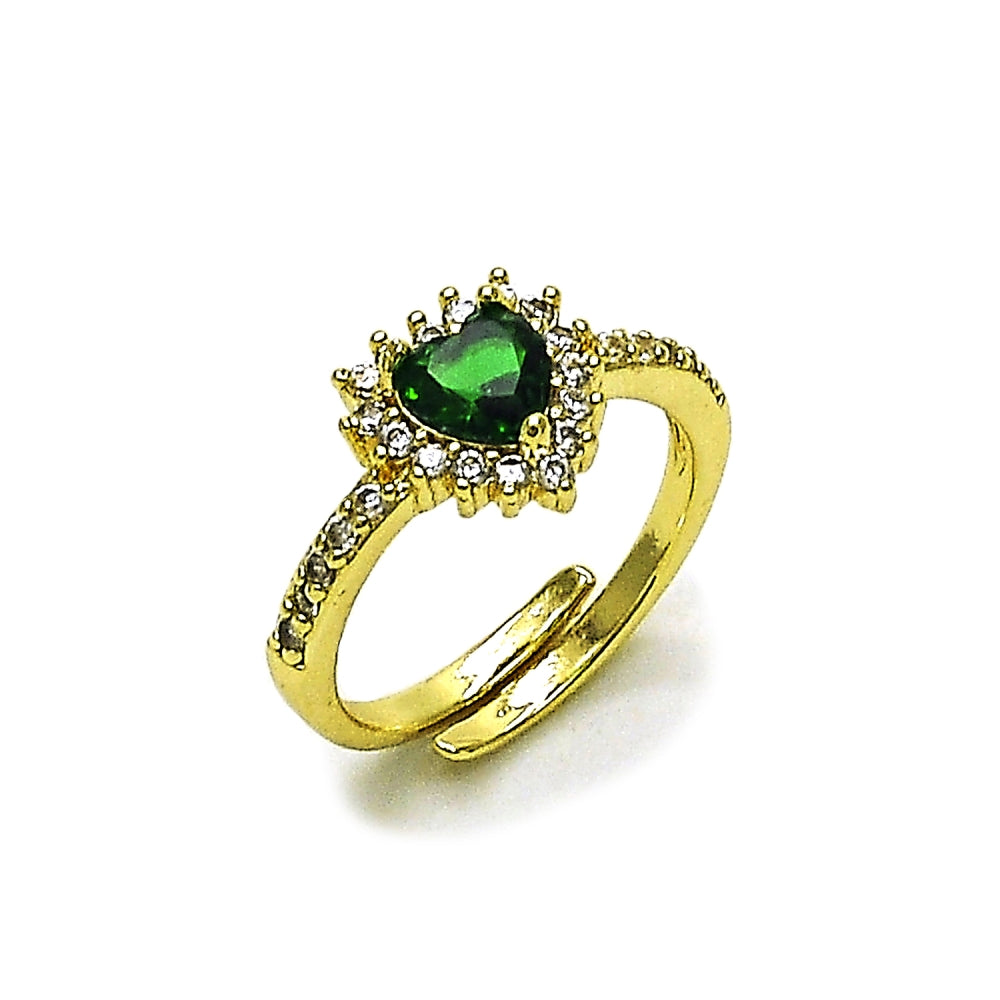 Oro Laminado Multi Stone Ring, Gold Filled Style Heart and Cluster Design, with Green and White Cubic Zirconia, Polished, Golden Finish