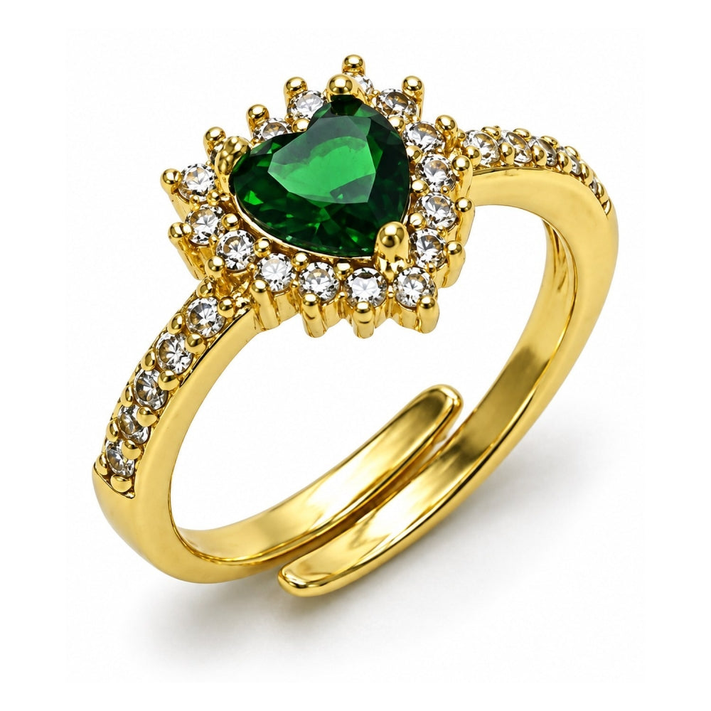 Oro Laminado Multi Stone Ring, Gold Filled Style Heart and Cluster Design, with Green and White Cubic Zirconia, Polished, Golden Finish