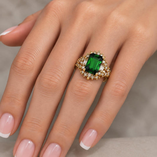 Oro Laminado Multi Stone Ring, Gold Filled Style Cluster and Baguette Design, with Green and White Cubic Zirconia, Polished, Golden Finish