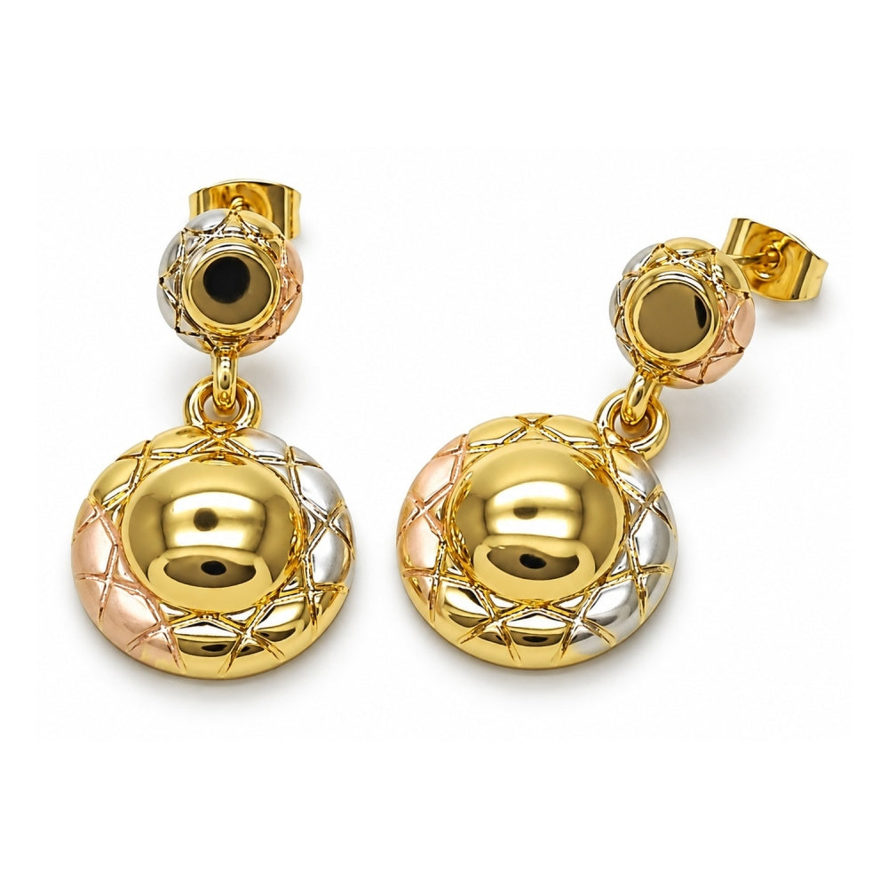 Oro Laminado Stud Earring, Gold Filled Style Diamond Cutting Finish, Tricolor