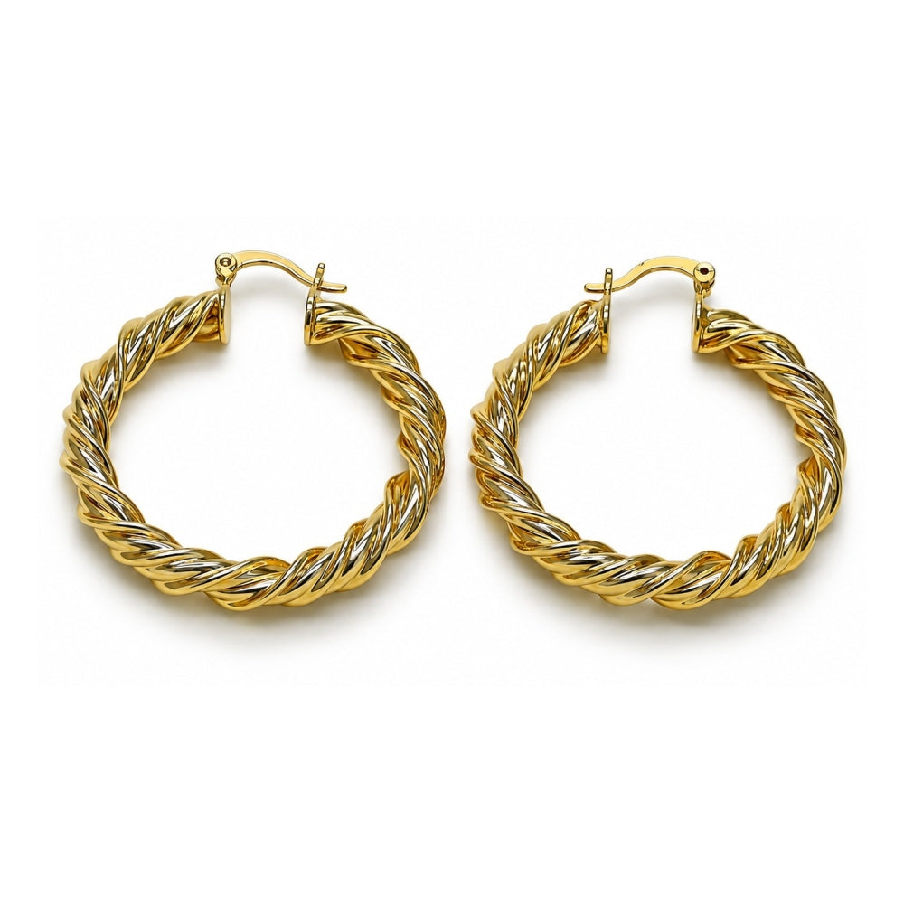 Oro Laminado Medium Hoop, Gold Filled Style Twist and Hollow Design, Polished, Golden Finish