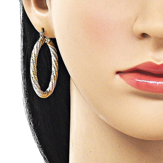Oro Laminado Medium Hoop, Gold Filled Style Twist Design, Diamond Cutting Finish, Tricolor