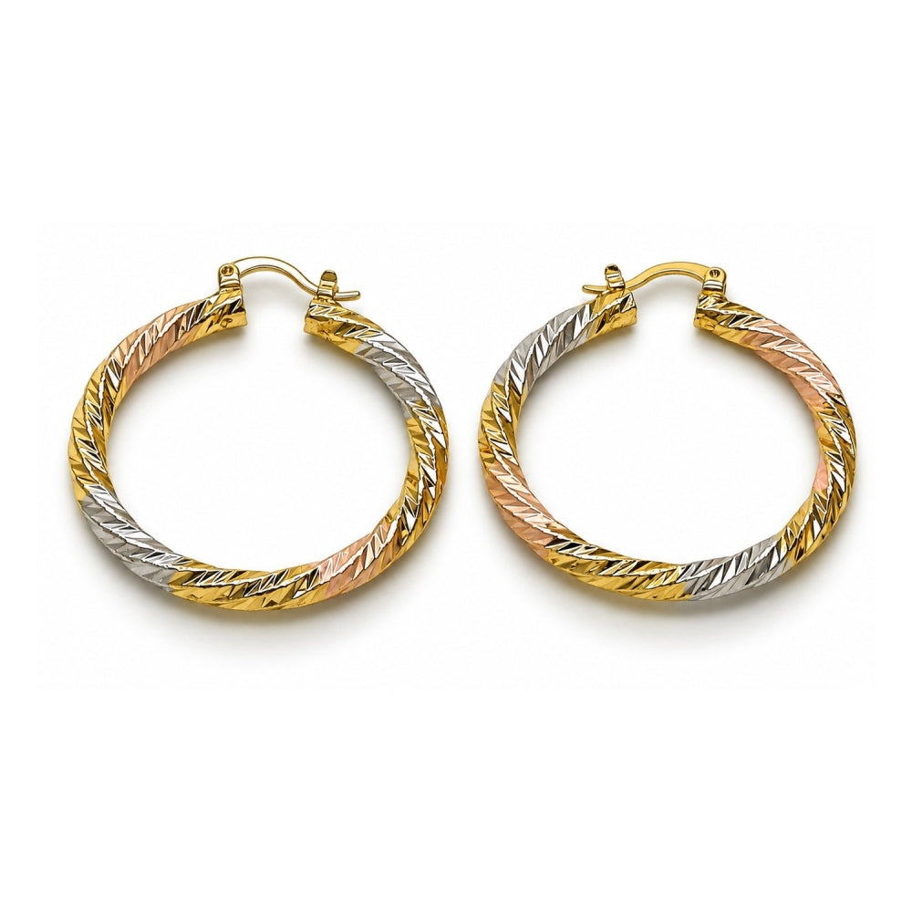 Oro Laminado Medium Hoop, Gold Filled Style Twist Design, Diamond Cutting Finish, Tricolor