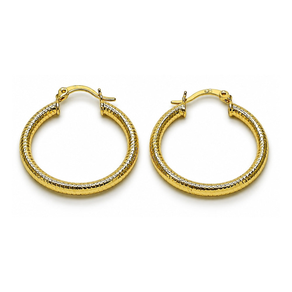 Oro Laminado Medium Hoop, Gold Filled Style Hollow Design, Diamond Cutting Finish, Golden Finish