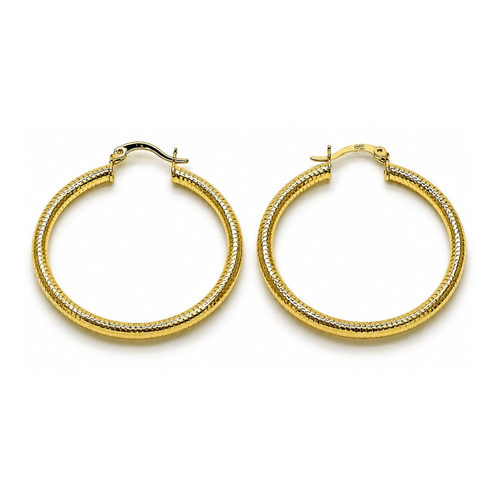 Oro Laminado Medium Hoop, Gold Filled Style Hollow Design, Diamond Cutting Finish, Golden Finish