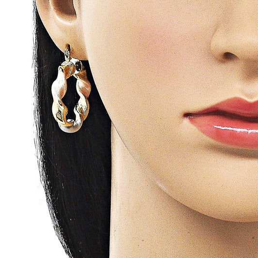 Oro Laminado Medium Hoop, Gold Filled Style Twist and Hollow Design, Diamond Cutting Finish, Tricolor