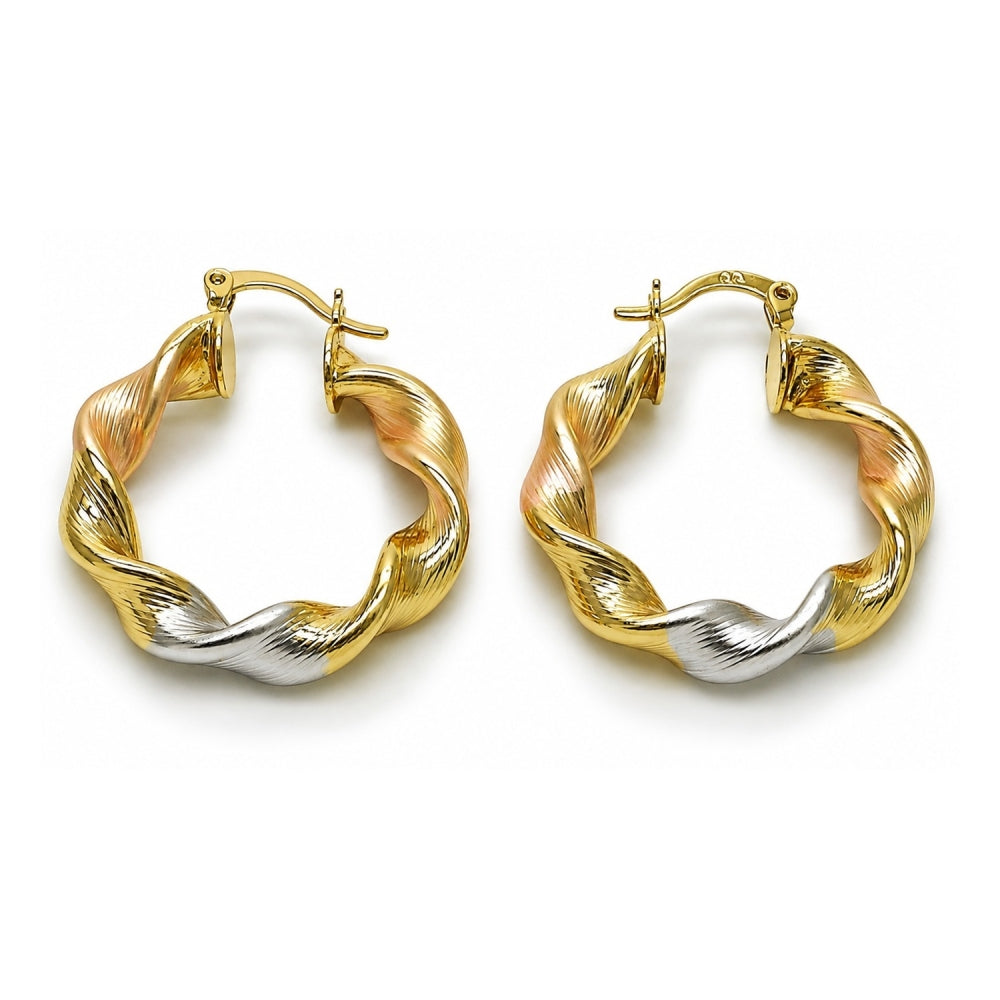 Oro Laminado Medium Hoop, Gold Filled Style Twist and Hollow Design, Diamond Cutting Finish, Tricolor