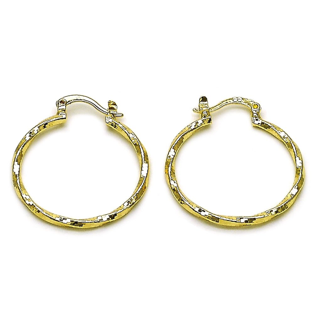 Oro Laminado Medium Hoop, Gold Filled Style Twist Design, Diamond Cutting Finish, Golden Finish