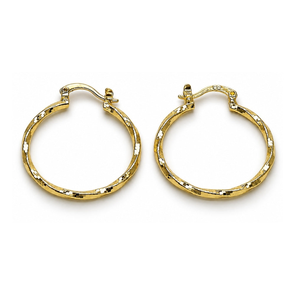 Oro Laminado Medium Hoop, Gold Filled Style Twist Design, Diamond Cutting Finish, Golden Finish