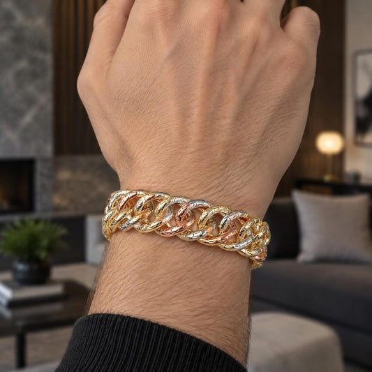 Oro Laminado Solid Bracelet, Gold Filled Style Greek Key Design, Polished, Tricolor