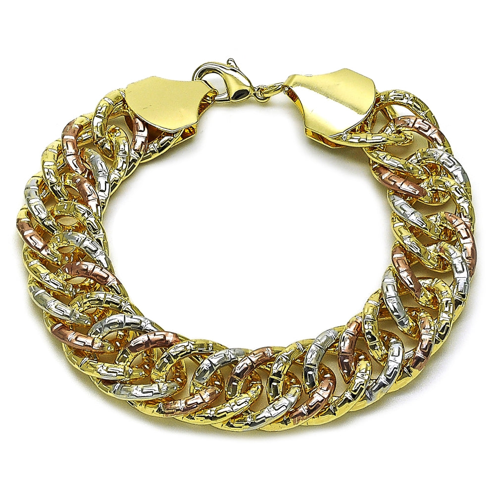 Oro Laminado Solid Bracelet, Gold Filled Style Greek Key Design, Polished, Tricolor