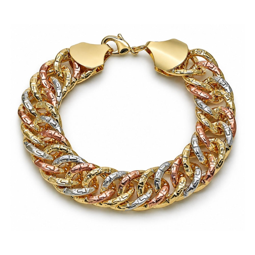 Oro Laminado Solid Bracelet, Gold Filled Style Greek Key Design, Polished, Tricolor
