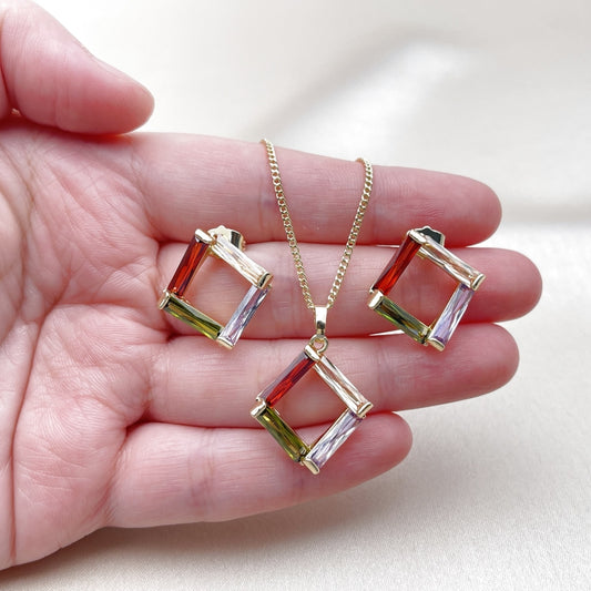 Oro Laminado Earring and Pendant Adult Set, Gold Filled Style Baguette Design, with Multicolor Cubic Zirconia, Polished, Golden Finish