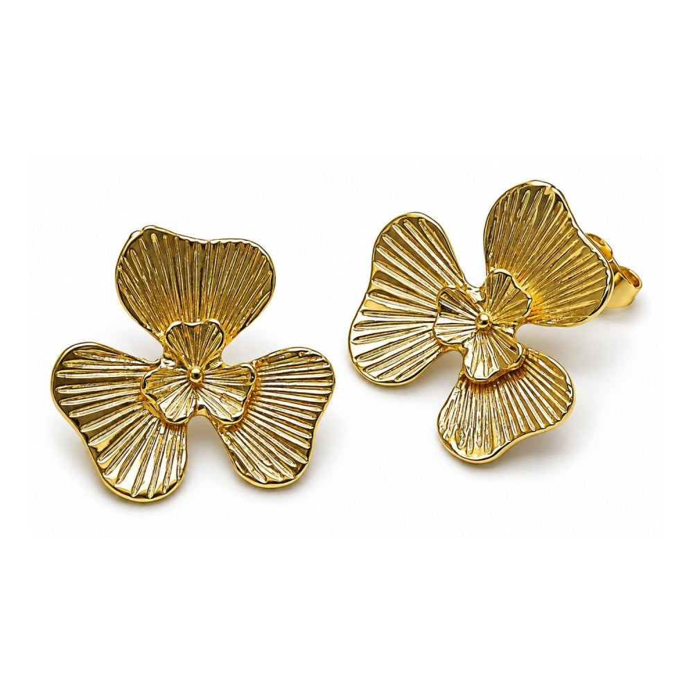 Oro Laminado Stud Earring, Gold Filled Style Flower Design, Diamond Cutting Finish, Golden Finish