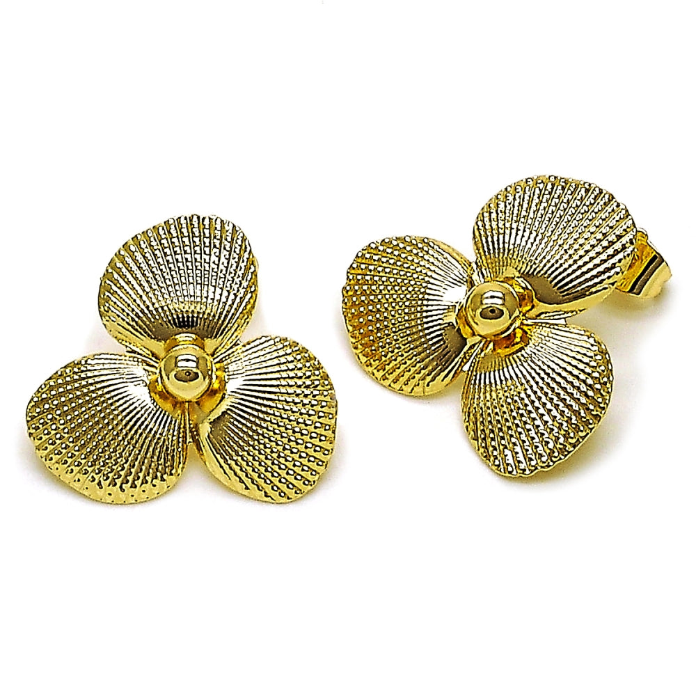 Oro Laminado Stud Earring, Gold Filled Style Flower Design, Diamond Cutting Finish, Golden Finish