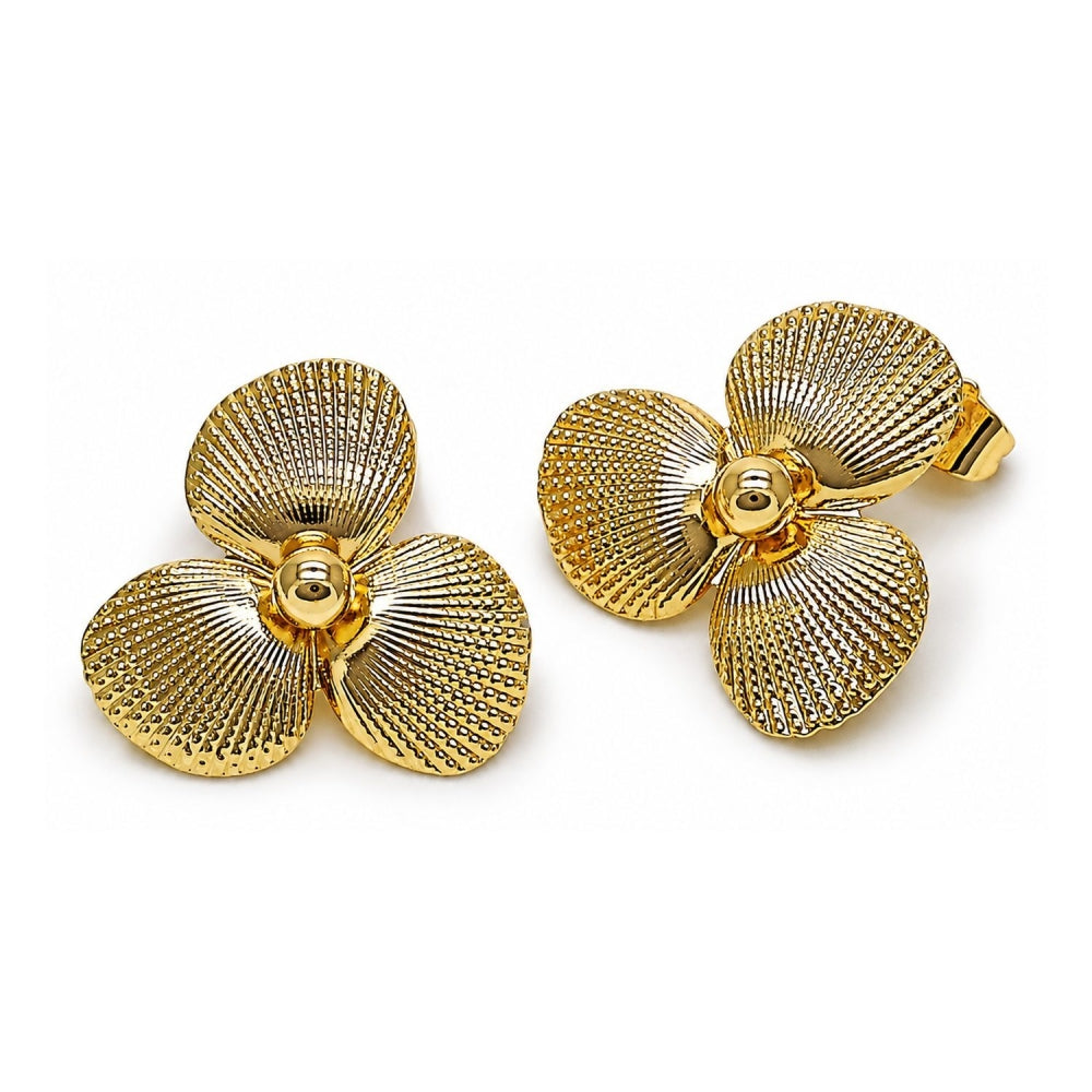 Oro Laminado Stud Earring, Gold Filled Style Flower Design, Diamond Cutting Finish, Golden Finish