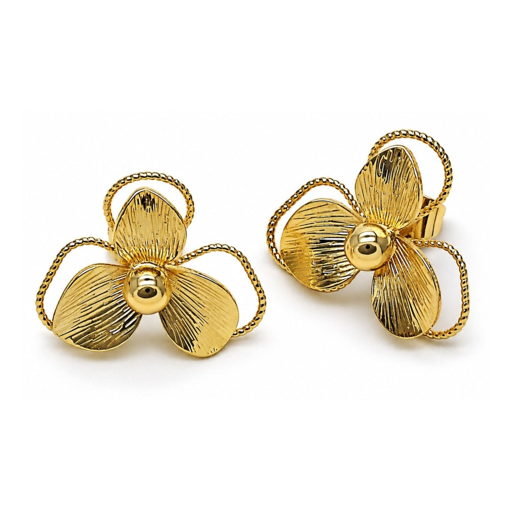 Oro Laminado Stud Earring, Gold Filled Style Flower Design, Diamond Cutting Finish, Golden Finish