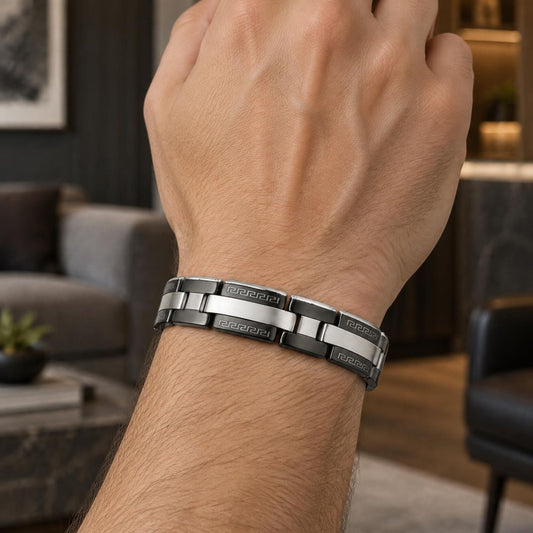 Stainless Steel Solid Bracelet, Greek Key Design, Polished, Two Tone