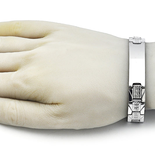 Stainless Steel Solid Bracelet, Greek Key Design, Polished, Steel Finish