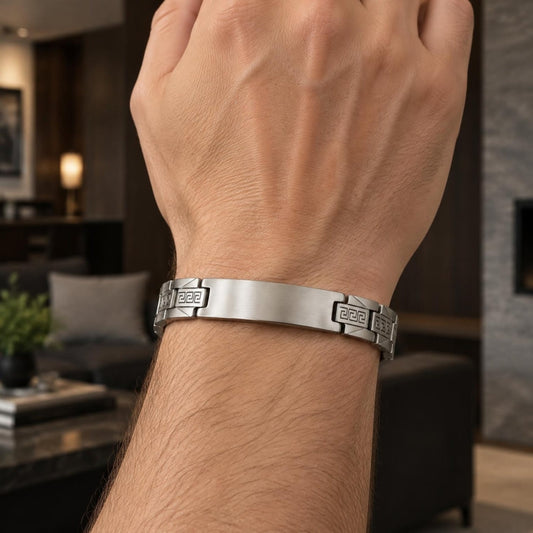 Stainless Steel Solid Bracelet, Greek Key Design, Polished, Steel Finish