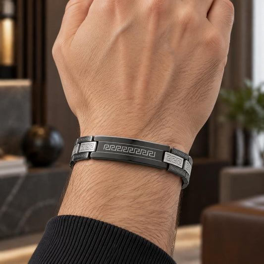 Stainless Steel Solid Bracelet, Greek Key Design, Polished, Two Tone