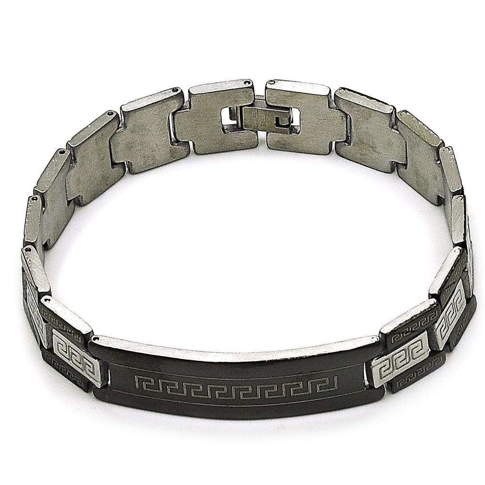 Stainless Steel Solid Bracelet, Greek Key Design, Polished, Two Tone