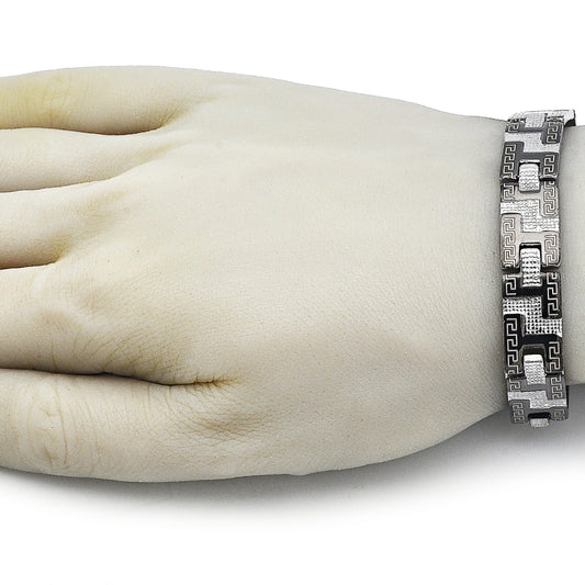 Stainless Steel Solid Bracelet, Greek Key Design, Polished, Two Tone