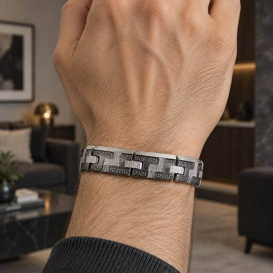 Stainless Steel Solid Bracelet, Greek Key Design, Polished, Two Tone