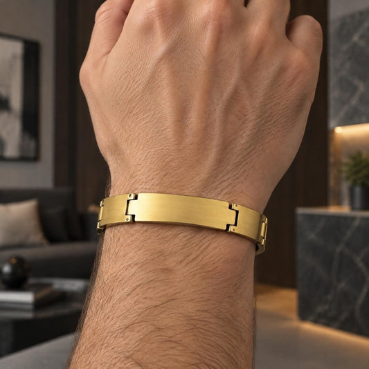 Stainless Steel Solid Bracelet, Cross Design, Polished, Golden Finish