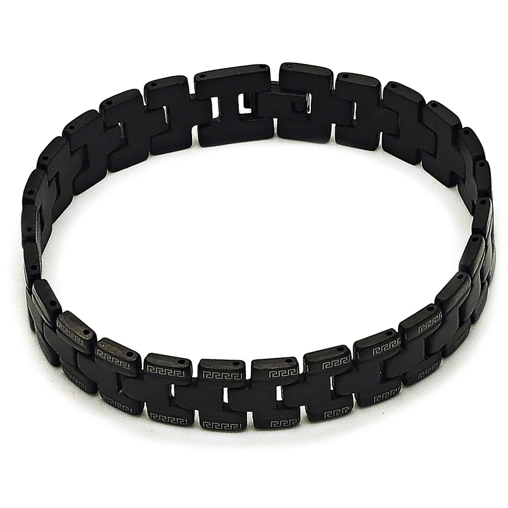 Stainless Steel Solid Bracelet, Greek Key Design, Polished, Black Rhodium Finish