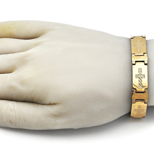 Stainless Steel Solid Bracelet, Cross Design, Polished, Golden Finish