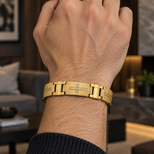 Stainless Steel Solid Bracelet, Cross Design, Polished, Golden Finish