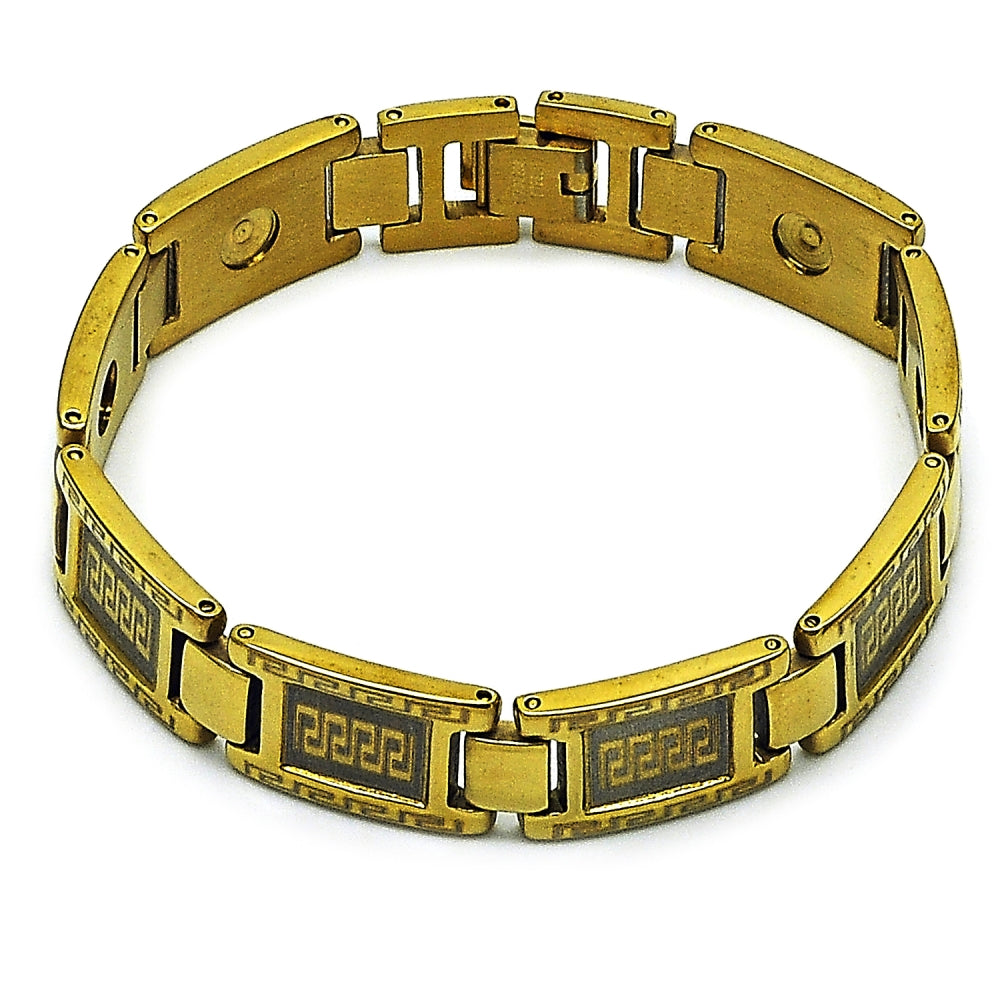 Stainless Steel Solid Bracelet, Greek Key Design, Polished, Golden Finish