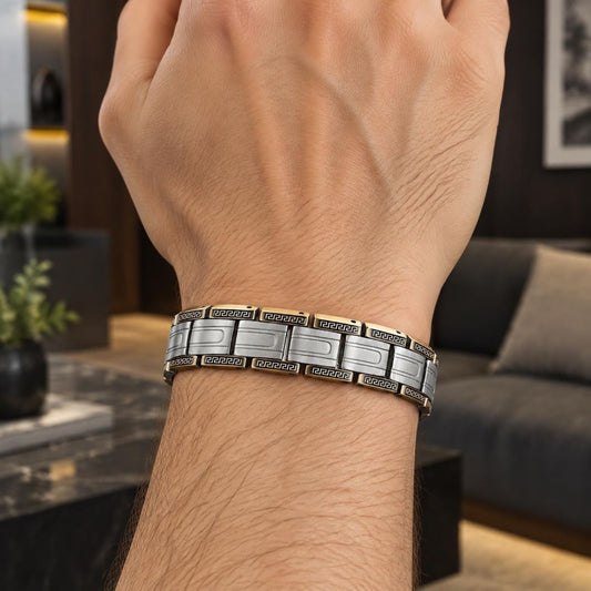 Stainless Steel Solid Bracelet, Greek Key Design, Polished, Two Tone