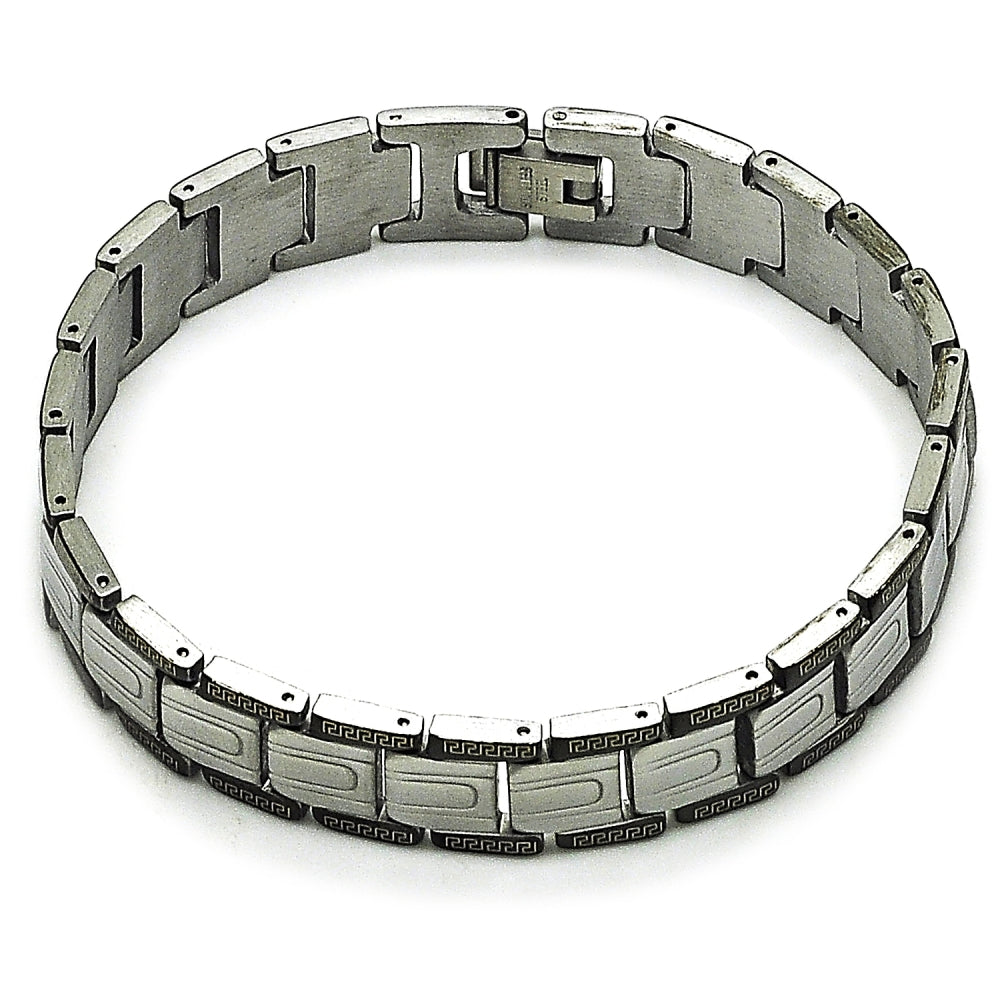 Stainless Steel Solid Bracelet, Greek Key Design, Polished, Two Tone