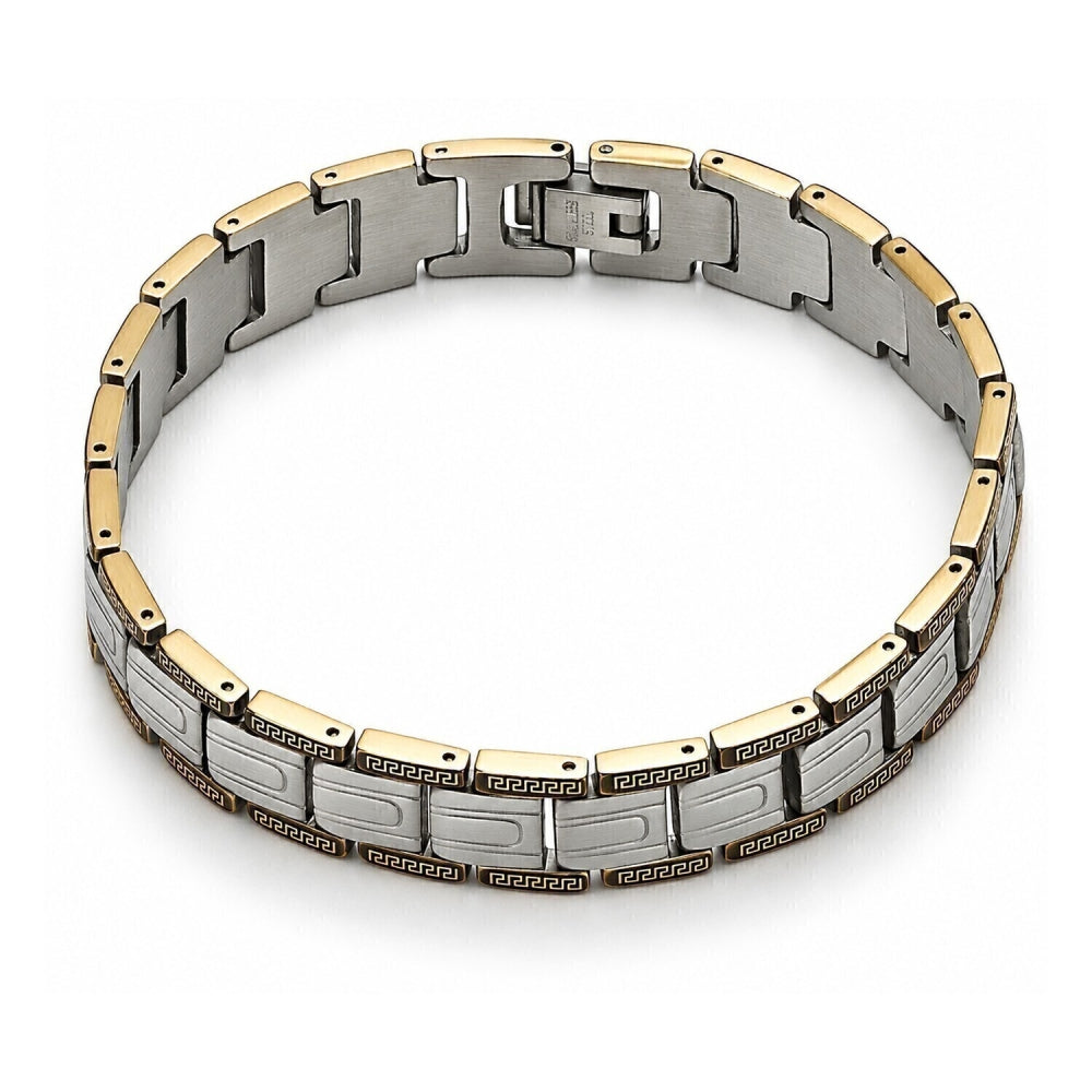 Stainless Steel Solid Bracelet, Greek Key Design, Polished, Two Tone
