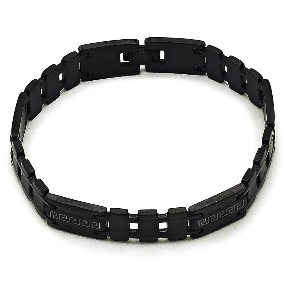 Stainless Steel Solid Bracelet, Greek Key Design, Polished, Black Rhodium Finish