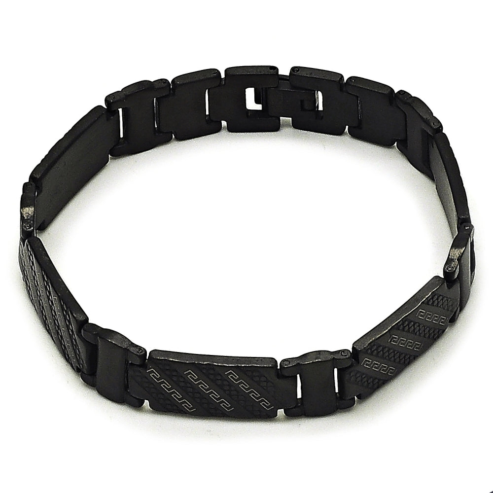 Stainless Steel Solid Bracelet, Greek Key Design, Polished, Black Rhodium Finish