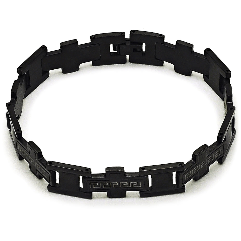 Stainless Steel Solid Bracelet, Greek Key and Cross Design, Polished, Black Rhodium Finish