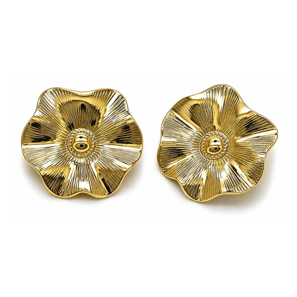 Oro Laminado Stud Earring, Gold Filled Style Leaf and Flower Design, Diamond Cutting Finish, Golden Finish