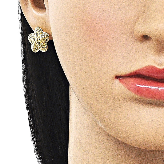 Oro Laminado Stud Earring, Gold Filled Style Star and Flower Design, Diamond Cutting Finish, Golden Finish