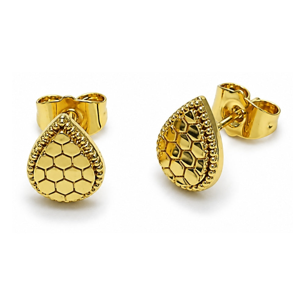 Oro Laminado Stud Earring, Gold Filled Style Teardrop Design, Diamond Cutting Finish, Golden Finish