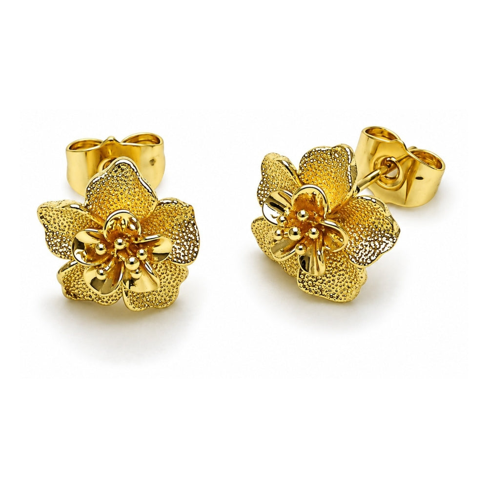 Oro Laminado Stud Earring, Gold Filled Style Flower Design, Matte Finish, Golden Finish