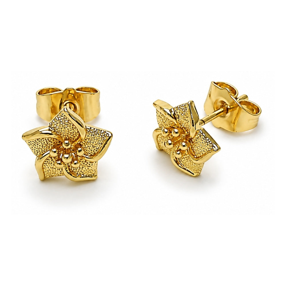 Oro Laminado Stud Earring, Gold Filled Style Flower Design, Matte Finish, Golden Finish