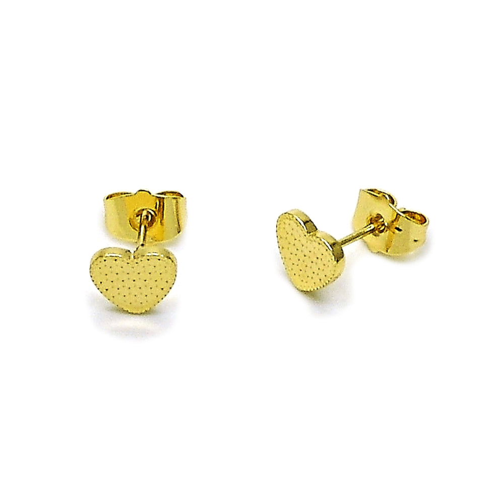 Oro Laminado Stud Earring, Gold Filled Style Heart Design, Diamond Cutting Finish, Golden Finish